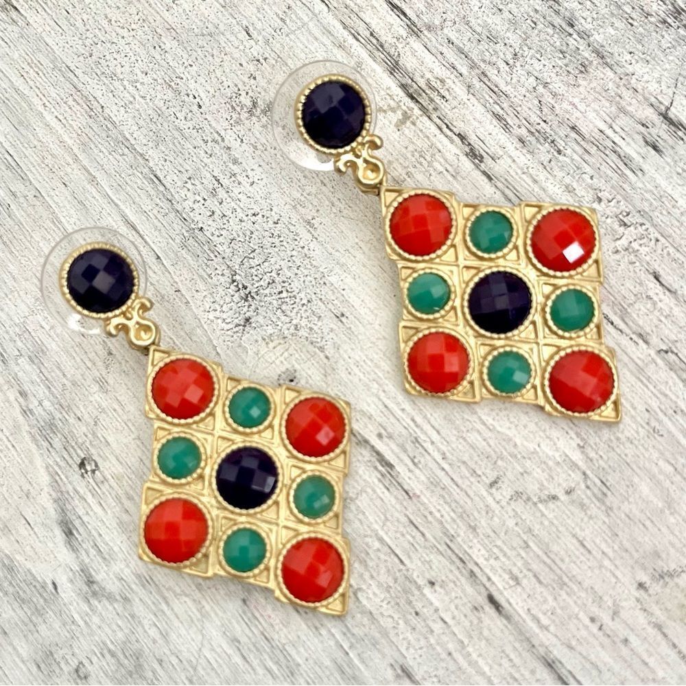 Gold tone checkerboard colorful dangle earrings